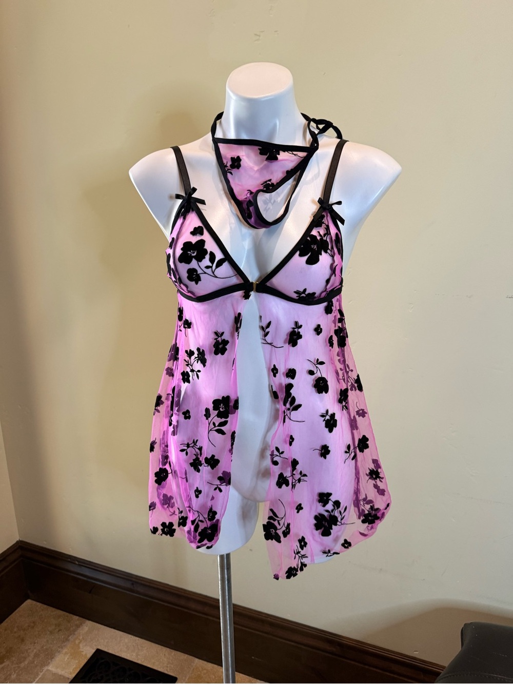 Pink/purple Sheer Floral Babydoll with felt(like)Black Accents